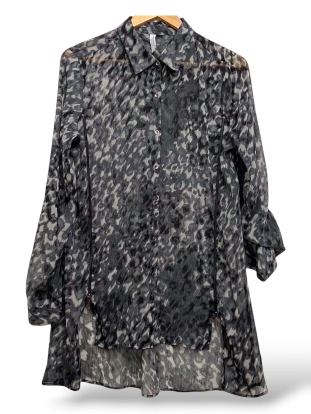 Katherine Barclay Canadian Designer Sheer Animal Print Hi Low Tunic Blouse Large